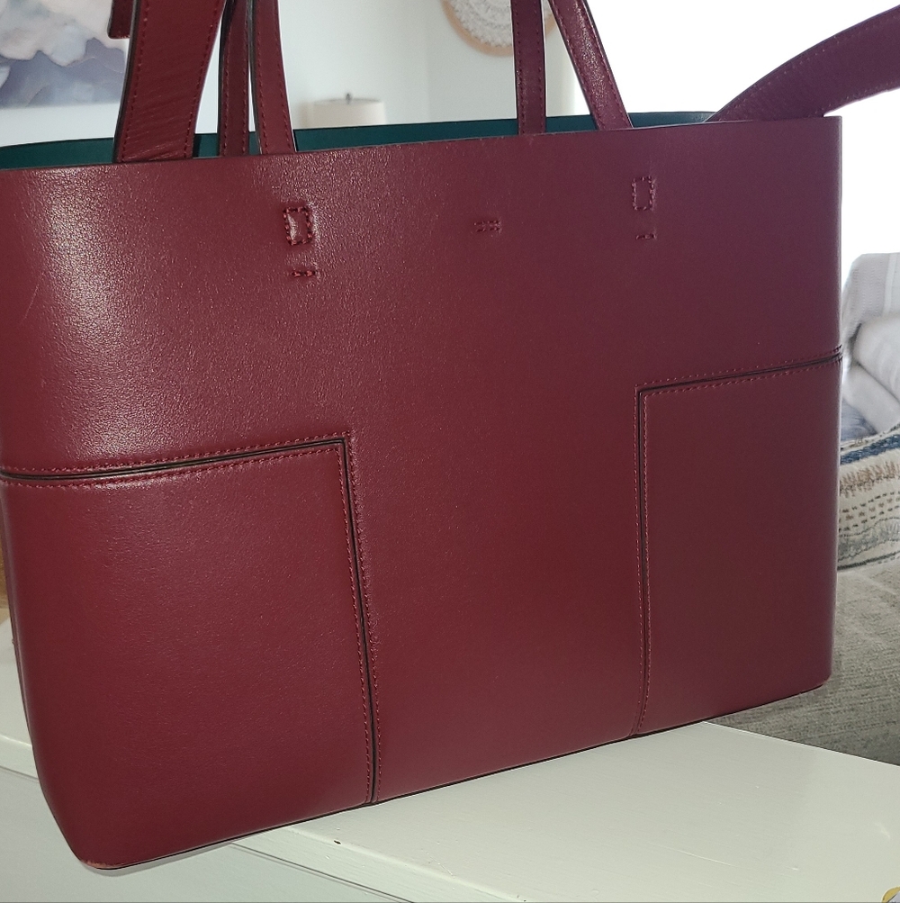 Tory Burch Wine Red Leather Tote with Green Interior - Picture 12 of 12